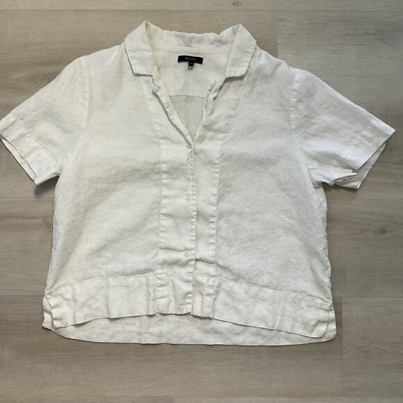 Quince Tops - Quince Womens Linen Cropped Button Up Collared Tee White Medium